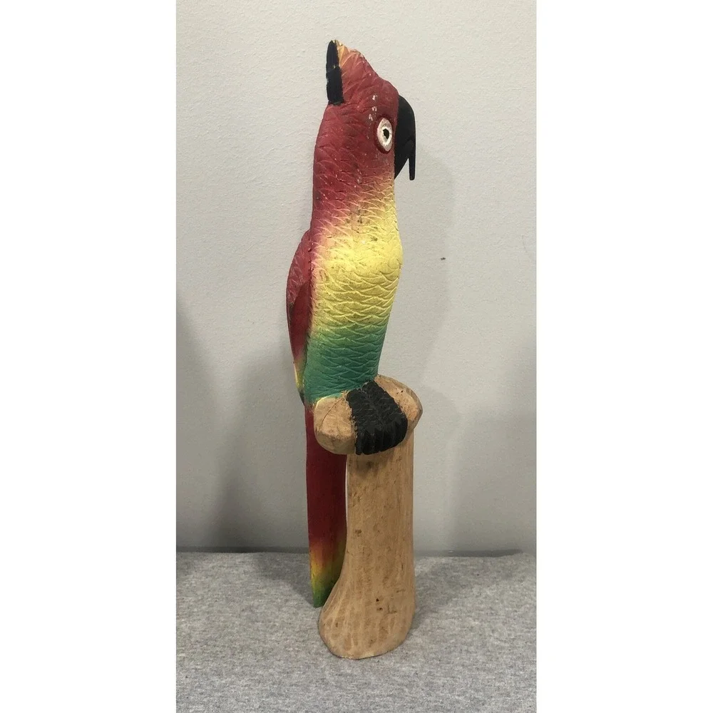 HandCarved Wood Parrot Sculpture Colorful Tropical Bird Decor 13